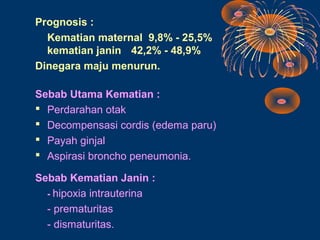 Prognosis :
  Kematian maternal 9,8% - 25,5%
  kematian janin 42,2% - 48,9%
Dinegara maju menurun.

Sebab Utama Kematian :
 Perdarahan otak
 Decompensasi cordis (edema paru)
 Payah ginjal
 Aspirasi broncho peneumonia.

Sebab Kematian Janin :
  - hipoxia intrauterina
  - prematuritas
  - dismaturitas.
 