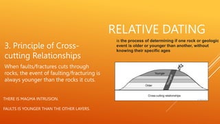 RELATIVE DATING
3. Principle of Cross-
cutting Relationships
When faults/fractures cuts through
rocks, the event of faulti...