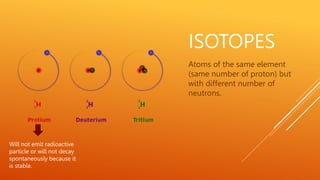 ISOTOPES
Atoms of the same element
(same number of proton) but
with different number of
neutrons.
Will not emit radioactiv...