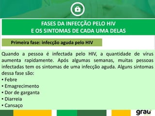 FASES DA INFECÇÃO PELO HIV
E OS SINTOMAS DE CADA UMA DELAS
Quando a pessoa é infectada pelo HIV, a quantidade de vírus
aumenta rapidamente. Após algumas semanas, muitas pessoas
infectadas tem os sintomas de uma infecção aguda. Alguns sintomas
dessa fase são:
▪ Febre
▪ Emagrecimento
▪ Dor de garganta
▪ Diarreia
▪ Cansaço
Primeira fase: infecção aguda pelo HIV
 