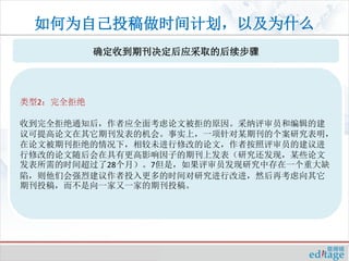 如何为自己投稿做时间计划，以及为什么
           确定收到期刊决定后应采取的后续步骤




类型2：完全拒绝

收到完全拒绝通知后，作者应全面考虑论文被拒的原因。采纳评审员和编辑的建
议可提高论文在其它期刊发表的机会。事实上，一项针对某期刊的个案研究表明，
在论文被期刊拒绝的情况下，相较未进行修改的论文，作者按照评审员的建议进
行修改的论文随后会在具有更高影响因子的期刊上发表（研究还发现，某些论文
发表所需的时间超过了28个月）。7但是，如果评审员发现研究中存在一个重大缺
陷，则他们会强烈建议作者投入更多的时间对研究进行改进，然后再考虑向其它
期刊投稿，而不是向一家又一家的期刊投稿。
 
