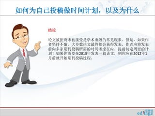 如何为自己投稿做时间计划，以及为什么

    结论

    论文被拒而未被接受是学术出版的常见现象。但是，如果作
    者坚持不懈，大多数论文最终都会获得发表。作者应将发表
    前向多家期刊投稿所需的时间考虑在内。提前制定周密的计
    划！如果你需要在2013年发表一篇论文，则你应在2012年1
    月前就开始期刊投稿过程。
 