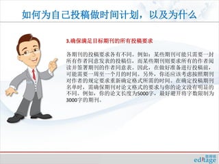 如何为自己投稿做时间计划，以及为什么

    3.确保满足目标期刊的所有投稿要求

    各期刊的投稿要求各有不同。例如：某些期刊可能只需要一封
    所有作者同意发表的投稿信，而某些期刊则要求所有的作者阅
    读并签署期刊的作者同意表。因此，在做好准备进行投稿前，
    可能需要一周至一个月的时间。另外，你还应该考虑按照期刊
    对作者的规定要求重新确定格式所需的时间。在确定投稿期刊
    名单时，需确保期刊对论文格式的要求与你的论文没有明显的
    不同。例如，你的论文长度为5000字，最好避开将字数限制为
    3000字的期刊。
 