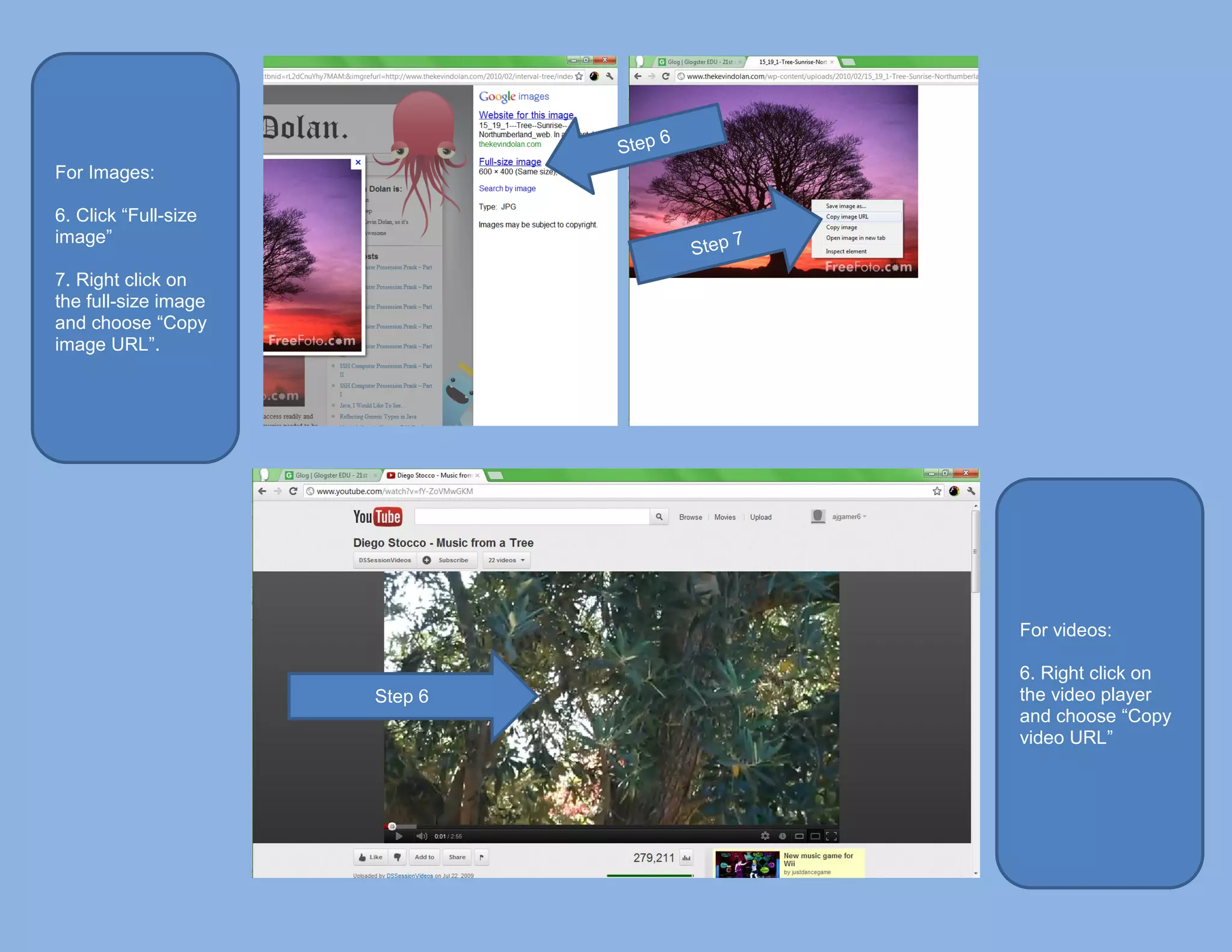 For Images:

6. Click “Full-size
image”

7. Right click on
the full-size image
and choose “Copy
image URL”.




                               For videos:

                               6. Right click on
                      Step 6   the video player
                               and choose “Copy
                               video URL”
 