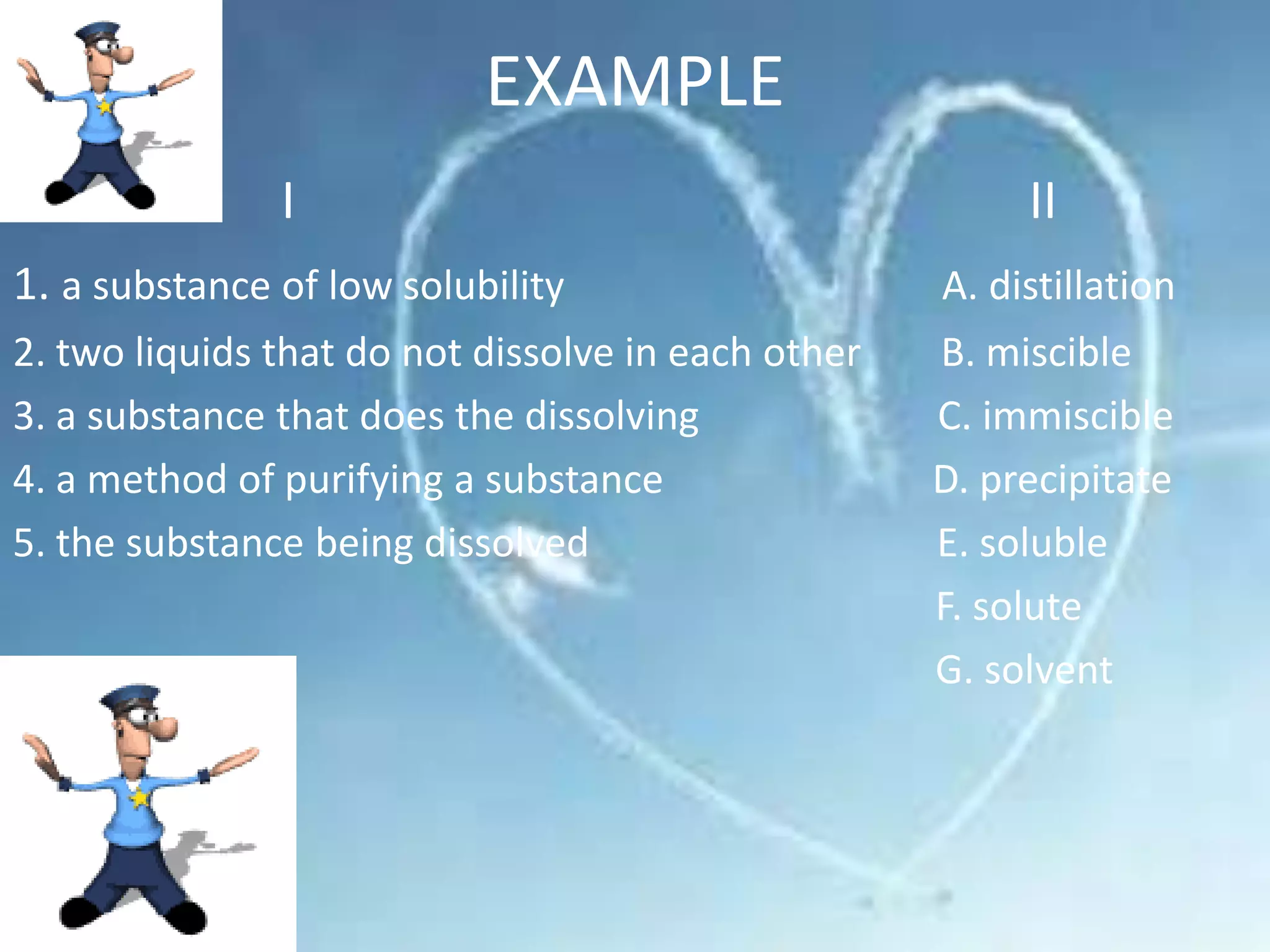 EXAMPLE
I II
1. a substance of low solubility A. distillation
2. two liquids that do not dissolve in each other B. miscible
3. a substance that does the dissolving C. immiscible
4. a method of purifying a substance D. precipitate
5. the substance being dissolved E. soluble
F. solute
G. solvent
 