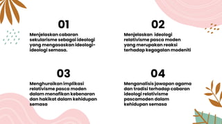 01
Menjelaskan cabaran
sekularisme sebagai ideologi
yang mengasaskan ideologi-
ideologi semasa.
Menjelaskan ideologi
relativisme pasca moden
yang merupakan reaksi
terhadap kegagalan modeniti
02
Menghuraikan implikasi
relativisme pasca moden
dalam menafikan kebenaran
dan hakikat dalam kehidupan
semasa
03
Menganalisis jawapan agama
dan tradisi terhadap cabaran
ideologi relativisme
pascamoden dalam
kehidupan semasa
04
 