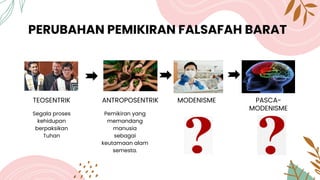 PERUBAHAN PEMIKIRAN FALSAFAH BARAT
TEOSENTRIK
Segala proses
kehidupan
berpaksikan
Tuhan
ANTROPOSENTRIK
Pemikiran yang
memandang
manusia
sebagai
keutamaan alam
semesta.
MODENISME PASCA-
MODENISME
 