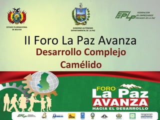 ESTADO PLURINACIONAL            GOBIERNO AUTÓNOMO
     DE BOLIVIA               DEPARTAMENTAL DE LA PAZ




                II Foro La Paz Avanza
                       Desarrollo Complejo
                            Camélido
 