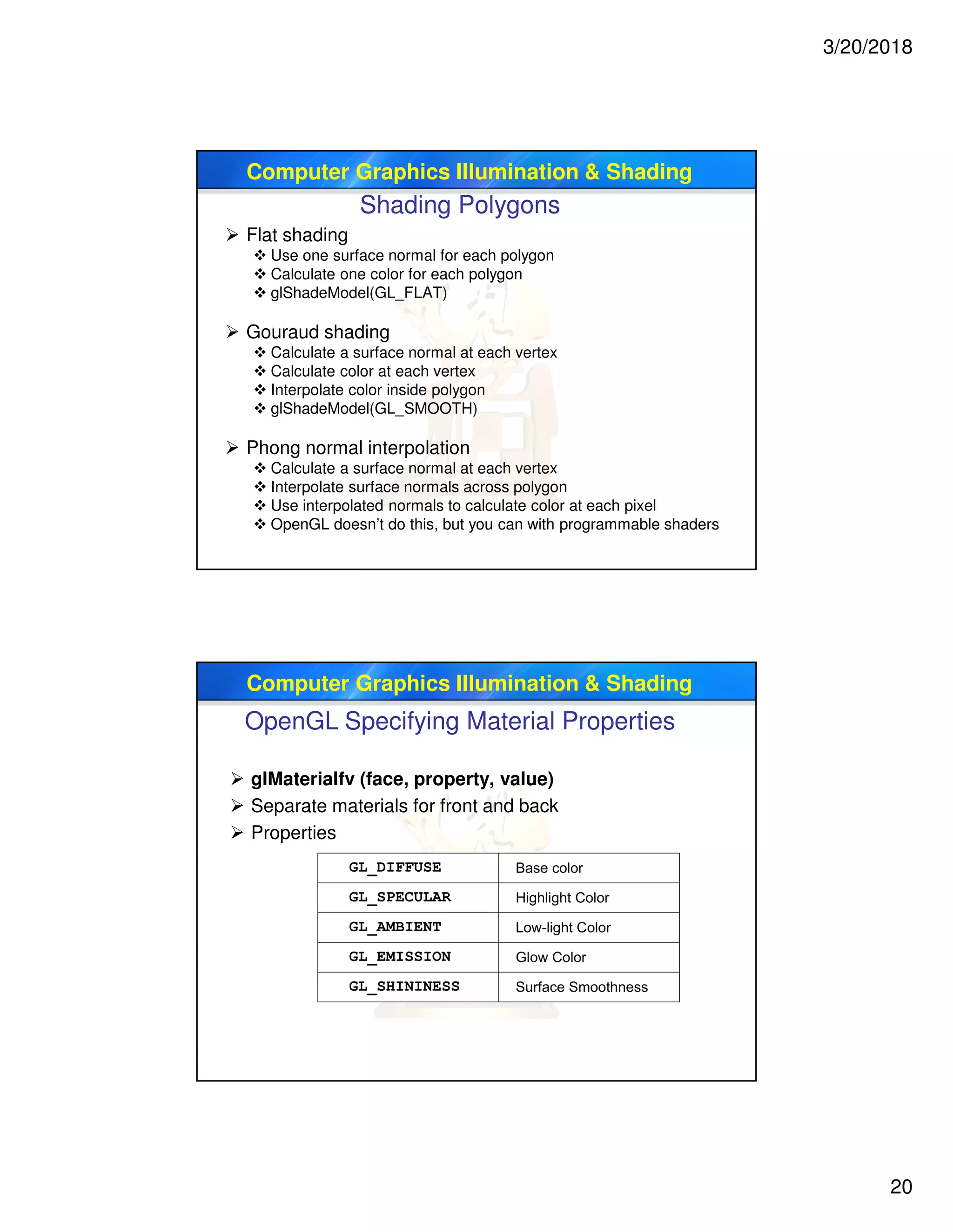 3/20/2018
20
Computer Graphics Illumination & Shading
Shading Polygons
 Flat shading
 Use one surface normal for each polygon
 Calculate one color for each polygon
 glShadeModel(GL_FLAT)
 Gouraud shading
 Calculate a surface normal at each vertex
 Calculate color at each vertex
 Interpolate color inside polygon
 glShadeModel(GL_SMOOTH)
 Phong normal interpolation
 Calculate a surface normal at each vertex
 Interpolate surface normals across polygon
 Use interpolated normals to calculate color at each pixel
 OpenGL doesn’t do this, but you can with programmable shaders
Computer Graphics Illumination & Shading
OpenGL Specifying Material Properties
 glMaterialfv (face, property, value)
 Separate materials for front and back
 Properties
 