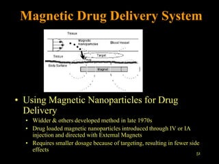 Magnetic Drug Delivery System




• Using Magnetic Nanoparticles for Drug
  Delivery
  • Widder & others developed method in late 1970s
  • Drug loaded magnetic nanoparticles introduced through IV or IA
    injection and directed with External Magnets
  • Requires smaller dosage because of targeting, resulting in fewer side
    effects
                                                                       51
 