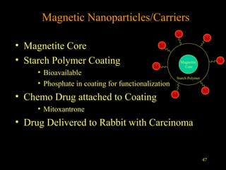 Magnetic Nanoparticles/Carriers
M

• Magnetite Core
• Starch Polymer Coating

M

M

M

• Bioavailable
• Phosphate in coating for functionalization

• Chemo Drug attached to Coating

M

Magnetite
Core
Starch Polymer

M

M

• Mitoxantrone

• Drug Delivered to Rabbit with Carcinoma

47

 