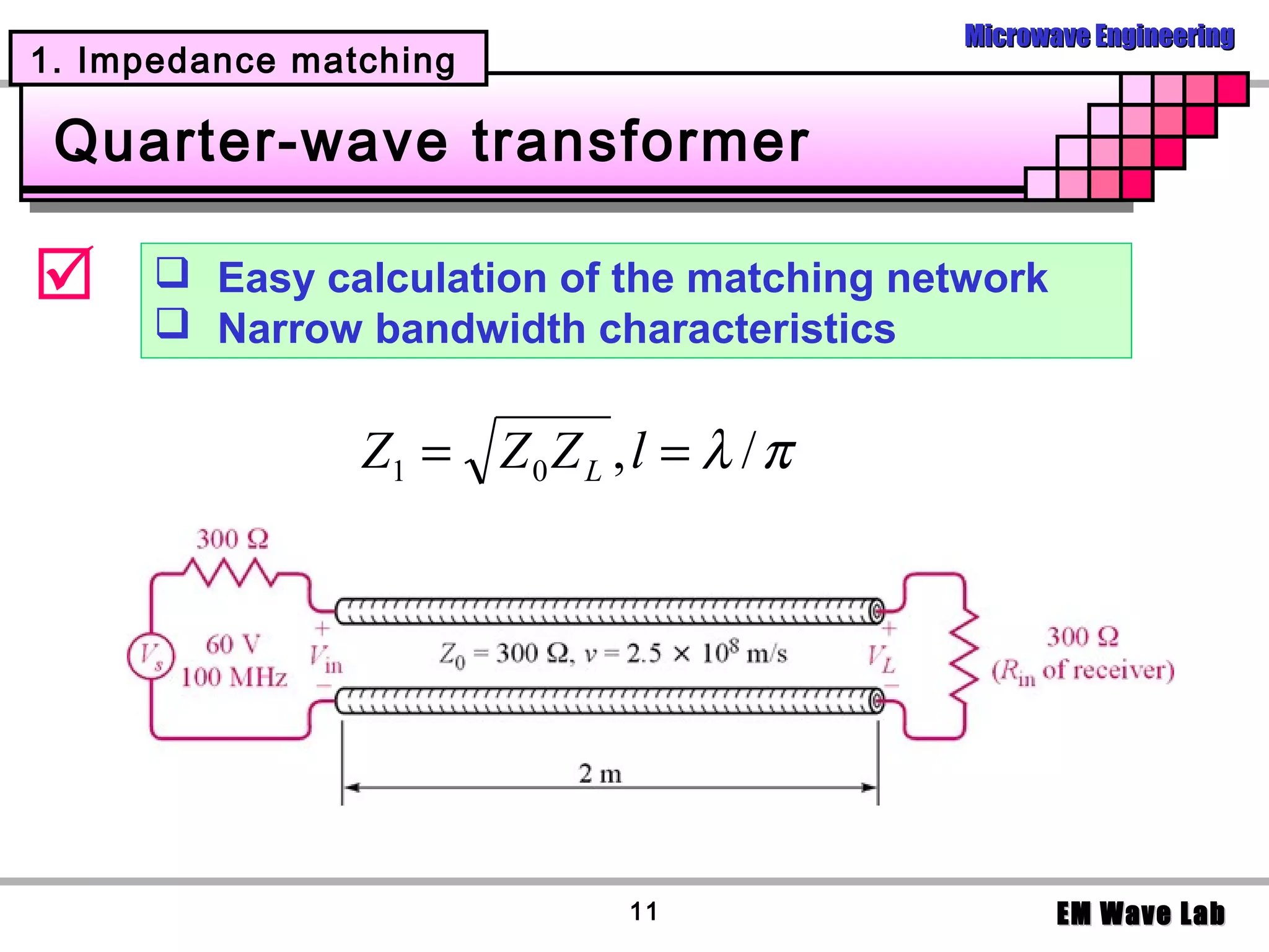 Microwave Engineering
1. Impedance matching

 Quarter-wave transformer

      Easy calculation of the matching network
       Narrow bandwidth characteristics


                Z1 = Z 0 Z L , l = λ / π




                              11                   EM Wave Lab
 