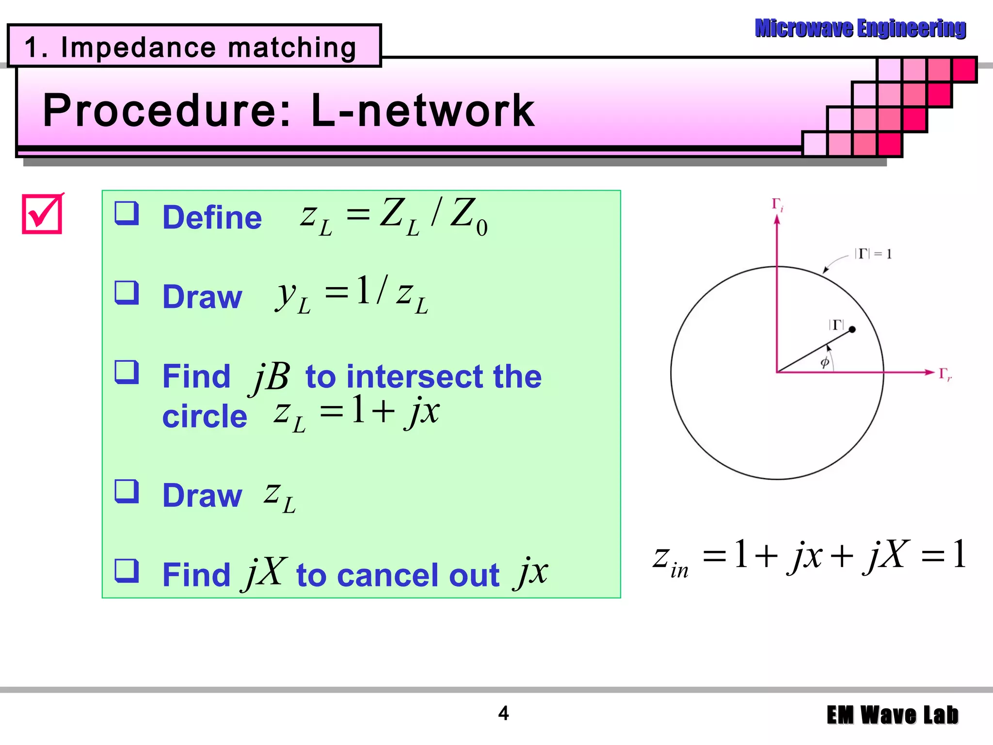 Microwave Engineering
1. Impedance matching

 Procedure: L-network

     Define        zL = Z L / Z0
      Draw     yL = 1 / zL
      Find jB to intersect the
       circle z L = 1 + jx

      Draw     zL
      Find   jX to cancel out jx        zin = 1 + jx + jX = 1


                                     4                EM Wave Lab
 
