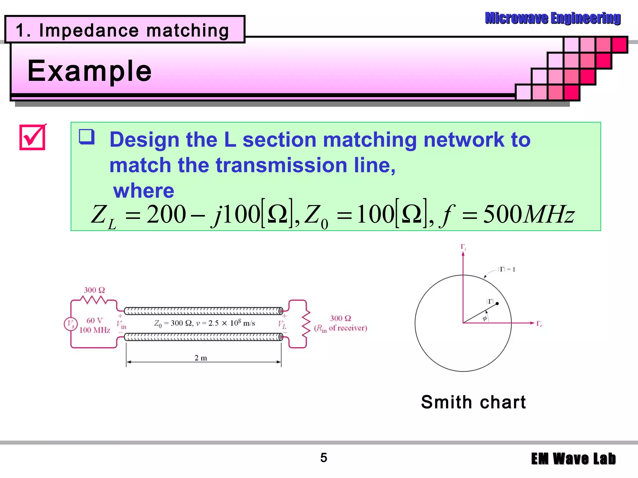 Microwave Engineering
1. Impedance matching

 Example

      Design the L section matching network to
        match the transmission line,
        where
       Z L = 200 − j100[ Ω], Z 0 = 100[ Ω], f = 500 MHz




                                       Smith chart


                             5                       EM Wave Lab
 