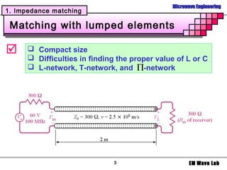 Microwave Engineering
1. Impedance matching

 Matching with lumped elements

      Compact size
       Difficulties in finding the proper value of L or C
       L-network, T-network, and Π-network




                              3                       EM Wave Lab
 