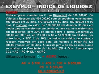 EXEMPLO –– INDICE DE LIQUIDEZ 
Exemplo Exemplo: 
Certa empresa mantém em t to um Disponível de 100 000,00. Os 
Valores a Receber são 450 000,00 com os seguintes vencimentos: 
100 000,00 em 30 dias, 170 000,00 em 60 dias, 180 000,00 em 90 
dias. O Estoque no valor de 100 000,00 vai demorar 30 dias em 
média para se transformar em venda, e, uma vez se transformado 
em Recebíveis, com 30% de lucros sobre o custo, vencerão: 29 
900,00 em 30 dias, 49 111,00 em 60 e 50 989,00 em 90 dias. Por 
outro lado, a PDD é de 10% de todos os saldos de contas a 
receber, vencíveis em cada data. Os Valores a Pagar R$ 325 
000,00 vencem em 30 dias. A taxa de juro é de 3% ao mês. Como 
se analisaria o Quociente de Liquidez (QL)? Obs.: Lembrar que 
CCL = AC –– PC ÎÎ QL = AC/PC. 
Utilizando a fórmula QL = AC/PC, temos : 
AC = $ 100 + 450 + 100 = $ 650,00 PC = $ 325,00 QL = 650/325 = 2  