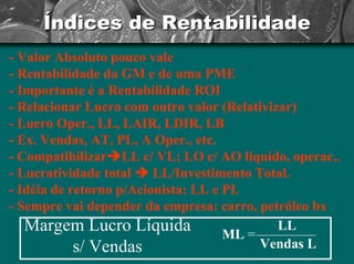 Índices de Rentabilidade 
-Valor Absoluto pouco vale -Rentabilidade da GM e de uma PME -Importante é a Rentabilidade ROI -Relacionar Lucro com outro valor (Relativizar) -Lucro Oper., LL, LAIR, LDIR, LB -Ex. Vendas, AT, PL, A Oper., etc. -CompatibilizarÎLL c/ VL; LO c/ AO liquido,operac.. -Lucratividade total ÎLL/Investimento Total. -Idéia de retorno p/Acionista: LL e PL -Sempre vai depender da empresa: carro, petróleo bxMargem Lucro Líquida s/ VendasML=LL Vendas L  