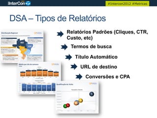 #Intercon2012 #Metricas




DSA – Tipos de Relatórios
              Relatórios Padrões (Cliques, CTR,
              Custo, etc)
               Termos de busca

                 Título Automático
                   URL de destino
                     Conversões e CPA
 