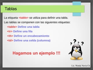 Tablas
La etiqueta <table> se utiliza para definir una tabla.
Las tablas se componen con las siguientes etiquetas:
<table> Define una tabla
<tr> Define una fila
<th> Define un encabezamiento
<td> Define una celda (columna)
Hagamos un ejemplo !!!
Lic. Wendy Navia Ch.
 