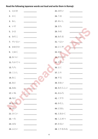 4
Read the following Japanese words out loud and write them in Romaji:
1. えかき _____________
2. かく _____________
3. あし _____________
4. いす _____________
5. かさ _____________
6. あそこ _____________
7. すいえい _____________
8. おおさか _____________
9. とおく _____________
10. あつい _____________
11. ちかてつ _____________
12. ちち _____________
13. ことし _____________
14. ねこ _____________
15. あに _____________
16. あね _____________
17. いぬ _____________
18. なに _____________
19. あなた _____________
20. はい _____________
21. ひくい _____________
22. へた _____________
23. はな _____________
24. ふとい _____________
25. ほそい _____________
26. うま _____________
27. めいし _____________
28. まち _____________
29. みせ _____________
30. あたま _____________
31. つよい _____________
32. にくや _____________
33. ゆき _____________
34. やさしい _____________
35. やすい _____________
36. よく _____________
37. とり _____________
38. する _____________
39. きれい _____________
40. あたらしい _____________
41. おふろ _____________
42. くすり _____________
43. わたし _____________
44. にほん _____________
45. えをかく _____________
46. しんせつ _____________
47. わるい _____________
48. とりをみる _____________
N
orthm
ead
C
A
PA
H
S
 