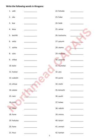 5
Write the following words in Hiragana:
1. ueki _____________
2. oka _____________
3. koe _____________
4. kesa _____________
5. keshiki _____________
6. seito _____________
7. ashita _____________
8. soto _____________
9. chikai _____________
10. katei _____________
11. tsukue _____________
12. sukoshi _____________
13. chiisai _____________
14. ototoi _____________
15. nani _____________
16. nishi _____________
17. hikui _____________
18. hone _____________
19. hatsuka _____________
20. hane _____________
21. hisui _____________
22. futsuka _____________
23. fukai _____________
24. heiki _____________
25. semai _____________
26. tsutsumu _____________
27. yasumi _____________
28. atama _____________
29. mukashi _____________
30. yasashii _____________
31. tsumetai _____________
32. you _____________
33. yume _____________
34. michi _____________
35. kimochi _____________
36. yuuhi _____________
37. kaiwa _____________
38. rekishi _____________
39. minna _____________
40. tonari _____________
41. anmari _____________
42. kantan _____________
N
orthm
ead
C
A
PA
H
S
 