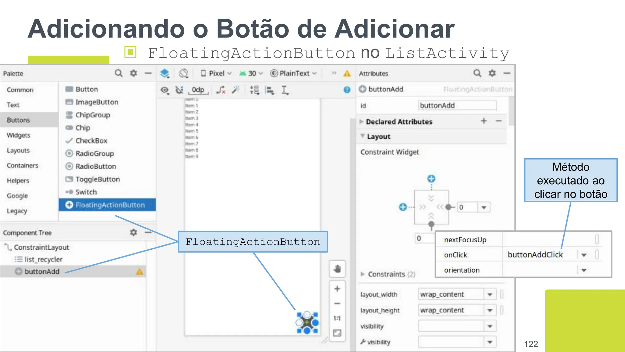 Adicionando o Botão de Adicionar
▣ FloatingActionButton no ListActivity
122
FloatingActionButton
Método
executado ao
clicar no botão
 