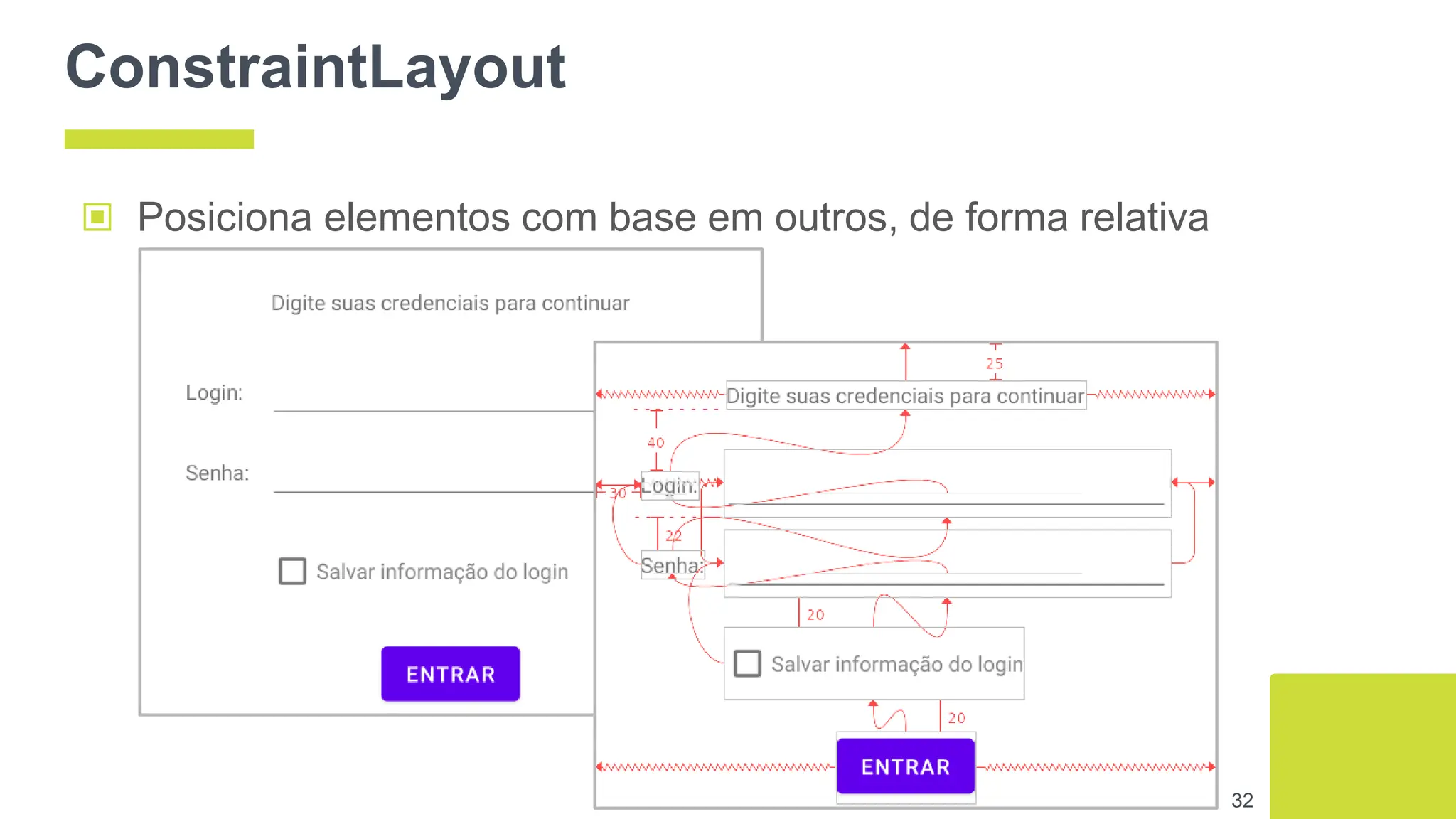 ConstraintLayout
▣ Posiciona elementos com base em outros, de forma relativa
32
 