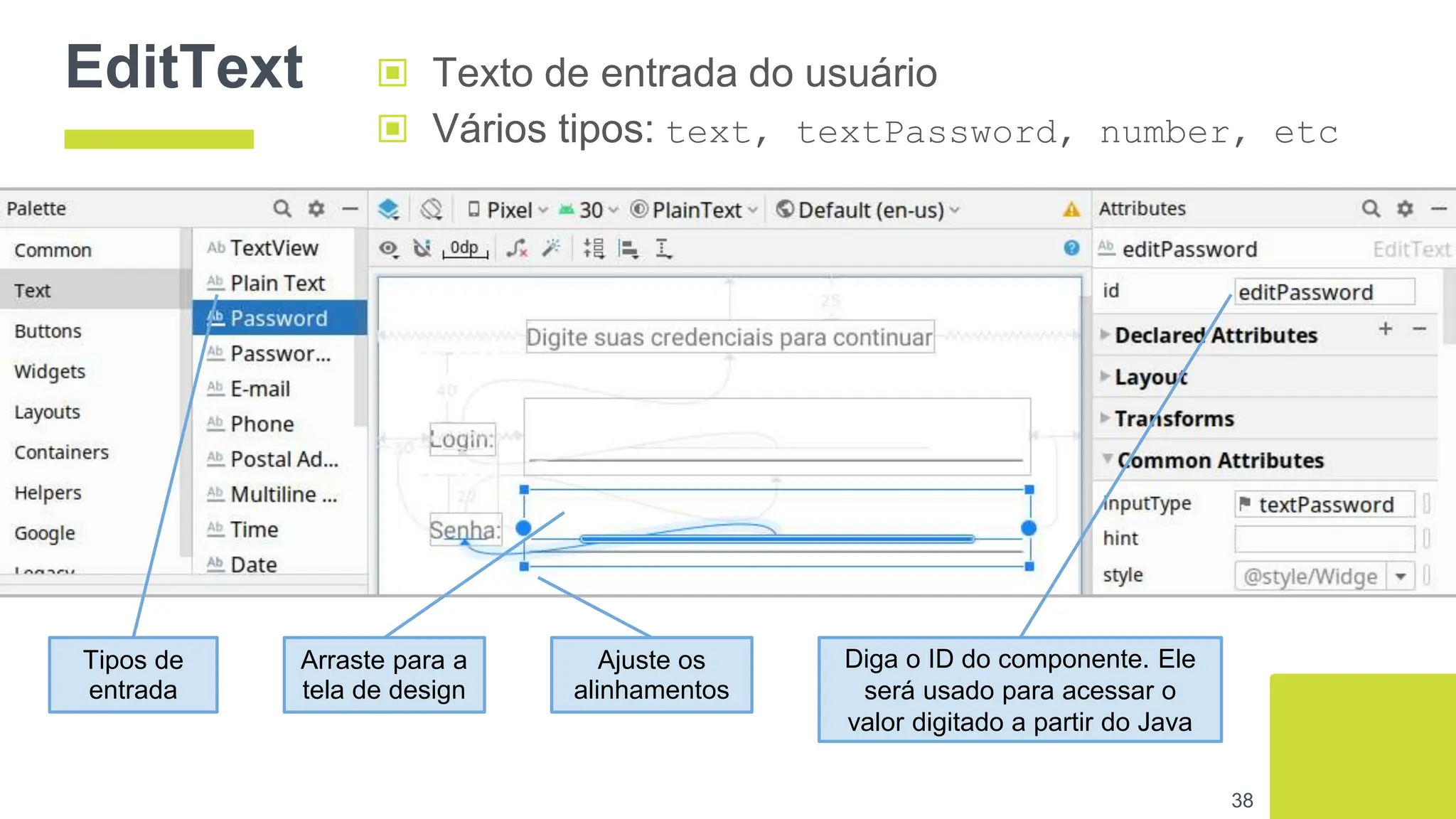 EditText
38
▣ Texto de entrada do usuário
▣ Vários tipos: text, textPassword, number, etc
Tipos de
entrada
Arraste para a
tela de design
Diga o ID do componente. Ele
será usado para acessar o
valor digitado a partir do Java
Ajuste os
alinhamentos
 