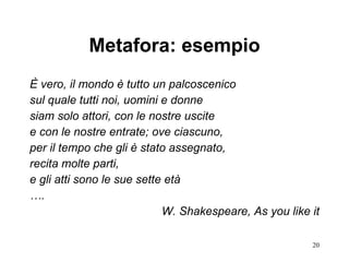 Metafora: esempio È vero, il mondo è tutto un palcoscenico sul quale tutti noi, uomini e donne siam solo attori, con le nostre uscite e con le nostre entrate; ove ciascuno, per il tempo che gli è stato assegnato, recita molte parti, e gli atti sono le sue sette età … .  W. Shakespeare, As you like it 