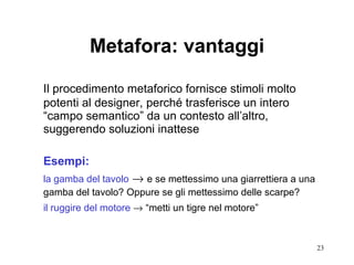 Metafora: vantaggi Il procedimento metaforico fornisce stimoli molto potenti al designer, perché trasferisce un intero “campo semantico” da un contesto all’altro, suggerendo soluzioni inattese Esempi: la gamba del tavolo      e se mettessimo una giarrettiera a una gamba del tavolo? Oppure se gli mettessimo delle scarpe?   il ruggire del motore     “metti un tigre nel motore” 