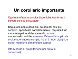 Un corollario importante Ogni manufatto, una volta disponibile, trasforma i bisogni del suo utilizzatore Segue che non è possibile, se non nei casi più semplici, specificare completamente i requisiti di un manufatto  prima  della sua realizzazione:  una volta disponibile,  esso   modificherà il compito da svolgere, e il nuovo compito indurrà nuovi bisogni, e quindi modifiche al manufatto stesso! (cfr. Modello di progettazione per prototipi successivi) 