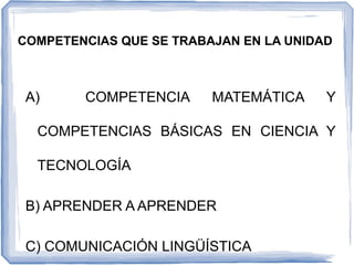 COMPETENCIAS QUE SE TRABAJAN EN LA UNIDAD
A) COMPETENCIA MATEMÁTICA Y
COMPETENCIAS BÁSICAS EN CIENCIA Y
TECNOLOGÍA
B) APRENDER A APRENDER
C) COMUNICACIÓN LINGÜÍSTICA
 