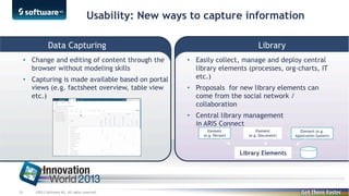 Usability: New ways to capture information
Data Capturing
• Change and editing of content through the
browser without modeling skills
• Capturing is made available based on portal
views (e.g. factsheet overview, table view
etc.)

Library
• Easily collect, manage and deploy central
library elements (processes, org-charts, IT
etc.)
• Proposals for new library elements can
come from the social network /
collaboration
• Central library management
in ARIS Connect
Element
(e.g. Person)

Element
(e.g. Document)

Library Elements

26

©2013 Software AG. All rights reserved.

Element (e.g.
Application System)

 
