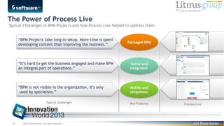 The Power of Process Live

Typical Challenges in BPM Projects and how Process Live helped to address them.
“BPM Projects take long to setup. More time is spent
developing content than improving the business.”

Packaged BPM

“It’s hard to get the business engaged and make BPM
an integral part of operations.”

Social and
integrated.

“BPM is not visible in the organization, it’s only
used by specialists.”

Mobile and
ubiquitous.

Typical challenges

40

©2013 Software AG. All rights reserved.

Key Features

Process Live

 
