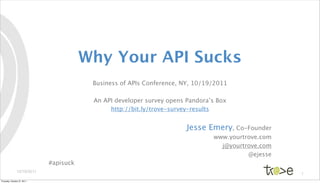 Why Your API Sucks
                                         Business of APIs Conference, NY, 10/19/2011

                                         An API developer survey opens Pandora’s Box
                                              http://bit.ly/trove-survey-results


                                                                       Jesse Emery, Co-Founder
                                                                               www.yourtrove.com
                                                                                 j@yourtrove.com
                                                                                         @ejesse
                             #apisuck
               10/19/2011
                                                                                                   1
Thursday, October 27, 2011
 