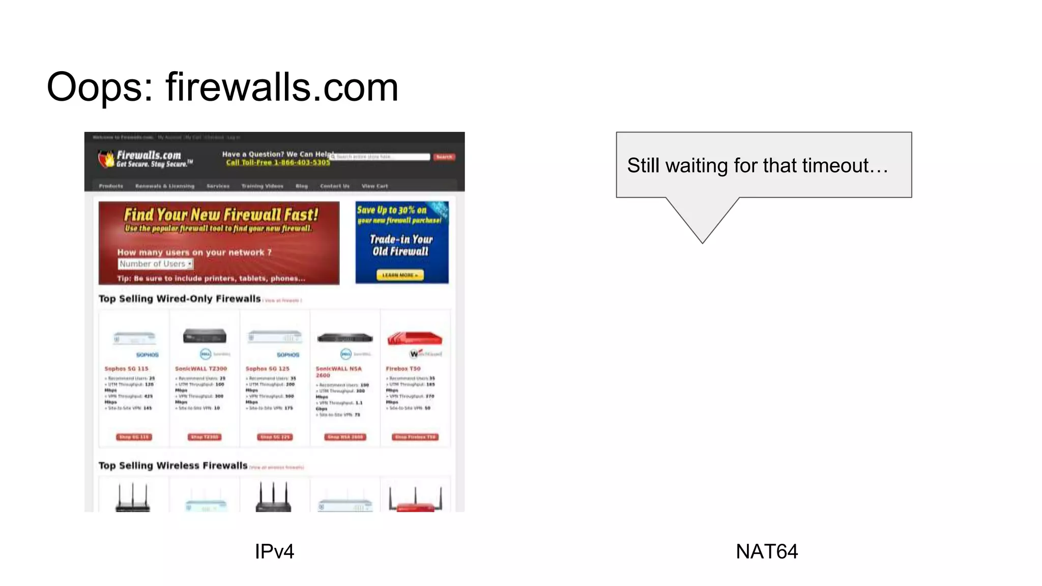 Oops: firewalls.com
IPv4 NAT64
Still waiting for that timeout…
 