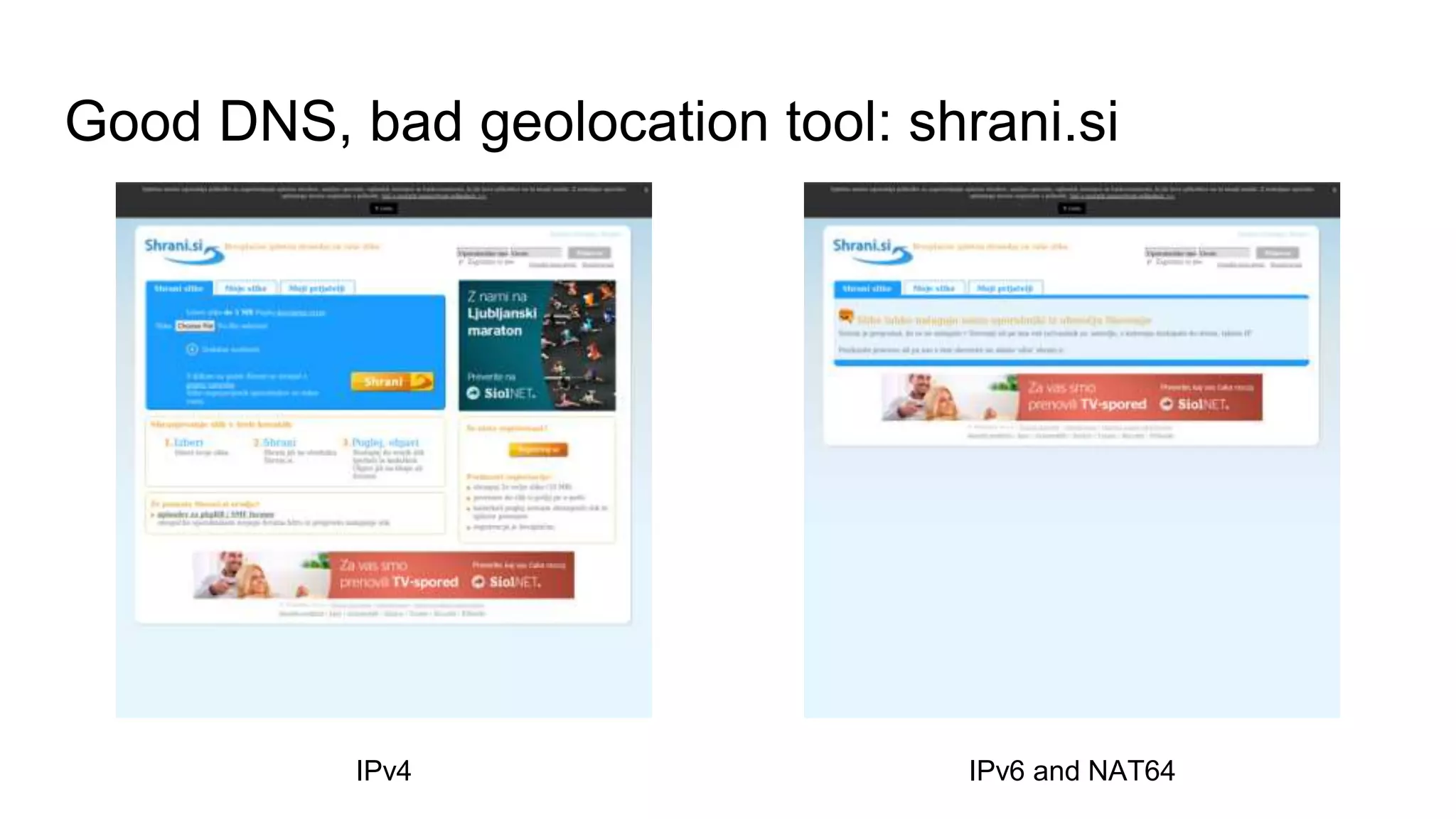 Good DNS, bad geolocation tool: shrani.si
IPv4 IPv6 and NAT64
 