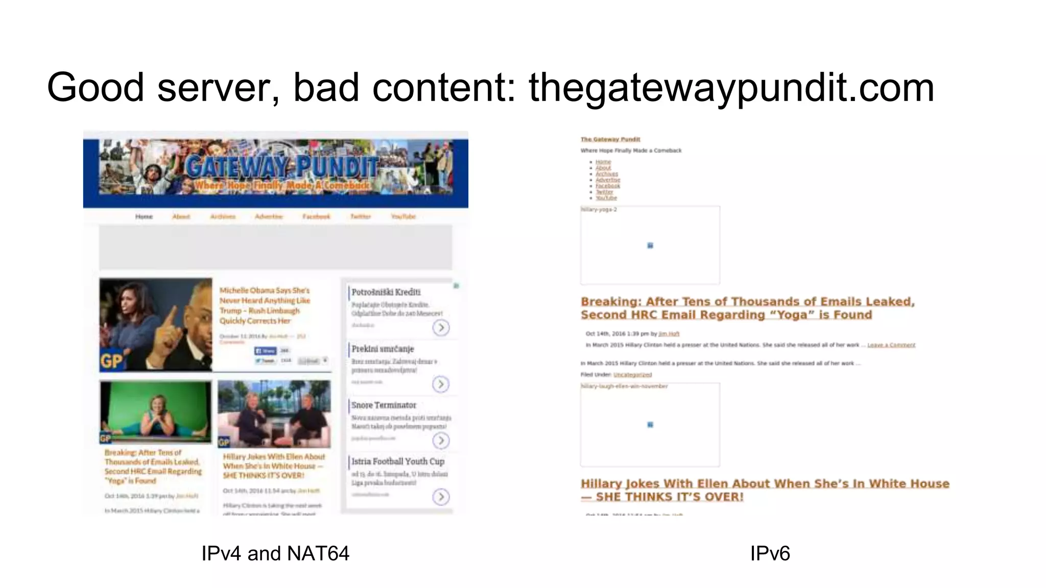 Good server, bad content: thegatewaypundit.com
IPv4 and NAT64 IPv6
 