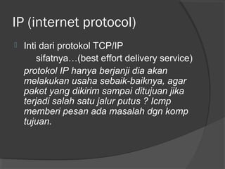 IP (internet protocol)


Inti dari protokol TCP/IP
sifatnya…(best effort delivery service)
protokol IP hanya berjanji dia akan
melakukan usaha sebaik-baiknya, agar
paket yang dikirim sampai ditujuan jika
terjadi salah satu jalur putus ? Icmp
memberi pesan ada masalah dgn komp
tujuan.

 