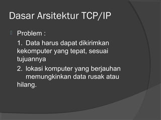 Dasar Arsitektur TCP/IP


Problem :
1. Data harus dapat dikirimkan
kekomputer yang tepat, sesuai
tujuannya
2. lokasi komputer yang berjauhan
memungkinkan data rusak atau
hilang.

 