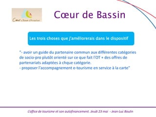 L’office de tourisme et son autofinancement. Jeudi 23 mai - Jean-Luc Boulin
Les trois choses que j'améliorerais dans le dispositif
"- avoir un guide du partenaire commun aux différentes catégories
de socio-pro plutôt orienté sur ce que fait l'OT + des offres de
partenariats adaptées à chque catégorie.
- proposer l'accompagnement e-tourisme en service à la carte"
Cœur de Bassin
 