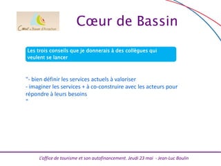 L’office de tourisme et son autofinancement. Jeudi 23 mai - Jean-Luc Boulin
Les trois conseils que je donnerais à des collègues qui
veulent se lancer
"- bien définir les services actuels à valoriser
- imaginer les services + à co-construire avec les acteurs pour
répondre à leurs besoins
"
Cœur de Bassin
 