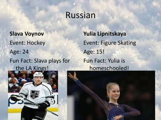 Russian
Slava Voynov
Event: Hockey
Age: 24
Fun Fact: Slava plays for
the LA Kings!

Yulia Lipnitskaya
Event: Figure Skating
Age: 15!
Fun Fact: Yulia is
homeschooled!

 