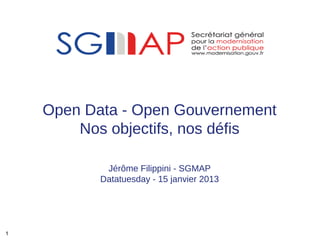 Open Data - Open Gouvernement
        Nos objectifs, nos défis

            Jérôme Filippini - SGMAP
           Datatuesday - 15 janvier 2013




1
 