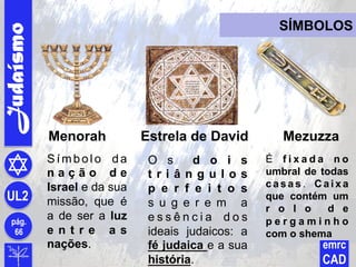 Judaísmo
pág.
66
UL2
emrc
CAD
Menorah Estrela de David Mezuzza
Símbolo da
n a ç ã o d e
Israel e da sua
missão, que é
a de ser a luz
e n t r e a s
nações.
O s d o i s
t r i â n g u l o s
p e r f e i t o s
s u g e r e m a
e s s ê n c i a d o s
ideais judaicos: a
fé judaica e a sua
história.
É f i x a d a n o
umbral de todas
c a s a s . C a i x a
que contém um
r o l o d e
p e r g a m i n h o
com o shema
SÍMBOLOS
 