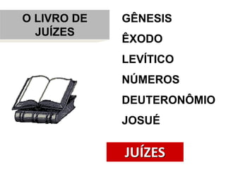 O ANTIGO TESTAMENTO
EM PERÍODOS
‐ 1º PERÍODO – ORIGENS
‐ 2º PERÍODO – PATRIARCAS
‐ 3º PERÍODO – ÊXODO
‐ 4º PERÍODO – CONQUISTA
‐ 5º PERÍODO – JUÍZES
‐ 6º PERÍODO – REINO UNIDO
‐ 7º PERÍODO – REINO DIVIDIDO
‐ 8º PERÍODO – REINO CATIVO
‐ 9º PERÍODO ‐ RETORNO
 