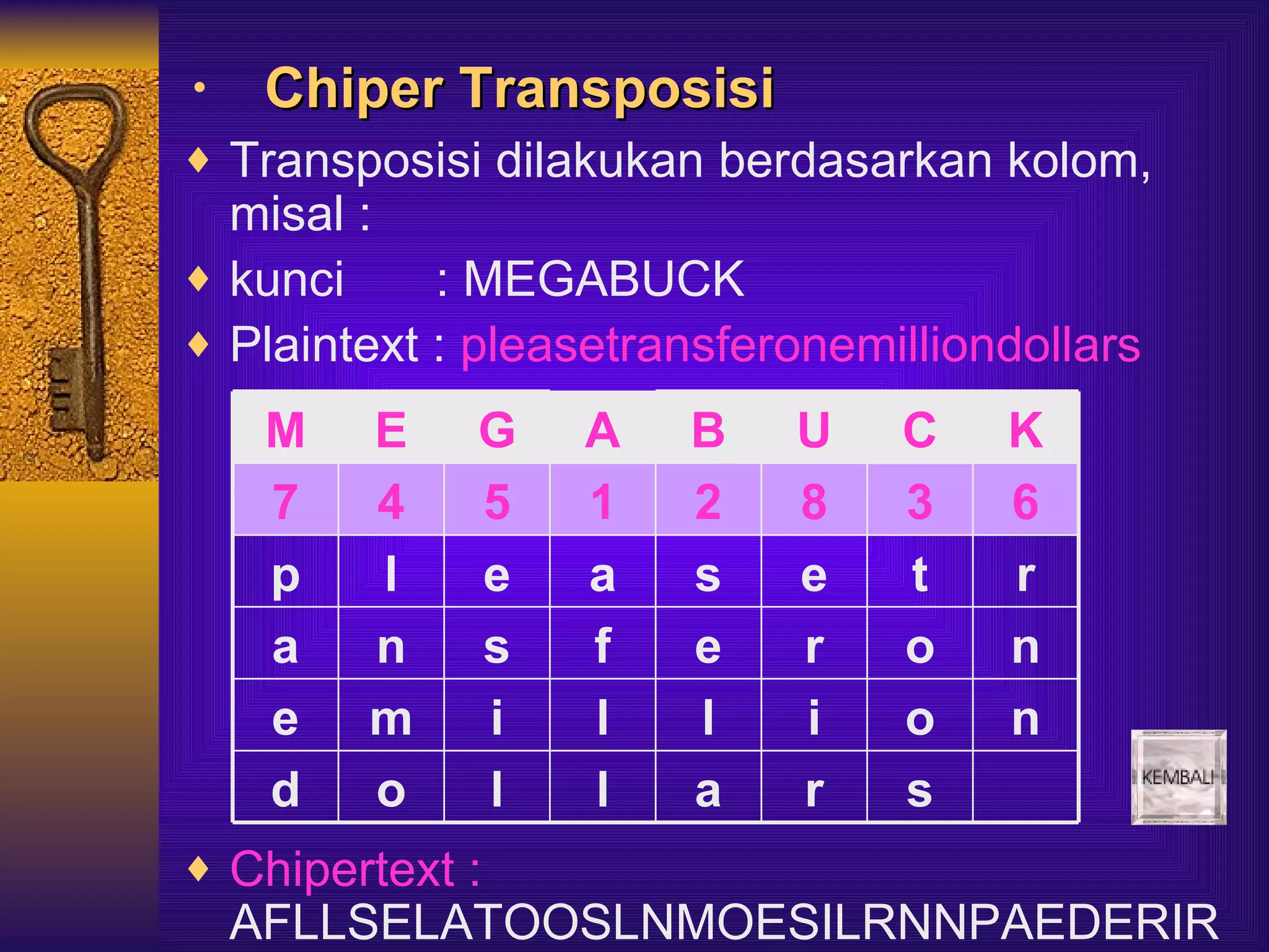 • Chiper Transposisi
♦ Transposisi dilakukan berdasarkan kolom,
  misal :
♦ kunci     : MEGABUCK
♦ Plaintext : pleasetransferonemilliondollars

   M    E    G    A    B    U    C    K
   7    4    5    1    2    8    3    6
   p    l    e    a    s    e    t    r
   a    n    s    f    e    r    o    n
   e    m    i    l    l    i    o    n
   d    o    l    l    a    r    s
♦ Chipertext :
  AFLLSELATOOSLNMOESILRNNPAEDERIR
 