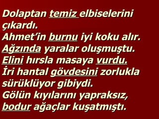 Dolaptan  temiz  elbiselerini çıkardı. Ahmet’in  burnu  iyi koku alır. Ağzında  yaralar oluşmuştu. Elini  hırsla masaya  vurdu. İri hantal  gövdesini  zorlukla sürüklüyor gibiydi. Gölün kıyılarını yapraksız,  bodur  ağaçlar kuşatmıştı. 