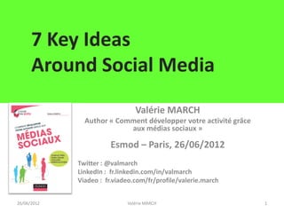 7 Key Ideas
      Around Social Media
                                Valérie MARCH
               Author « Comment développer votre activité grâce
                           aux médias sociaux »

                       Esmod – Paris, 26/06/2012
             Twitter : @valmarch
             LinkedIn : fr.linkedin.com/in/valmarch
             Viadeo : fr.viadeo.com/fr/profile/valerie.march


26/06/2012                   Valérie MARCH                        1
 