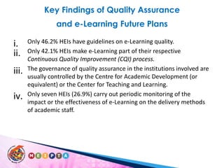 Key Findings of Quality Assurance and e-Learning Future PlansOnly 46.2% HEIs have guidelines on e-Learning quality. Only 42.1% HEIs make e-Learning part of their respective Continuous Quality Improvement (CQI) process.The governance of quality assurance in the institutions involved are usually controlled by the Centre for Academic Development (or equivalent) or the Center for Teaching and Learning. Only seven HEIs (26.9%) carry out periodic monitoring of the impact or the effectiveness of e-Learning on the delivery methods of academic staff.